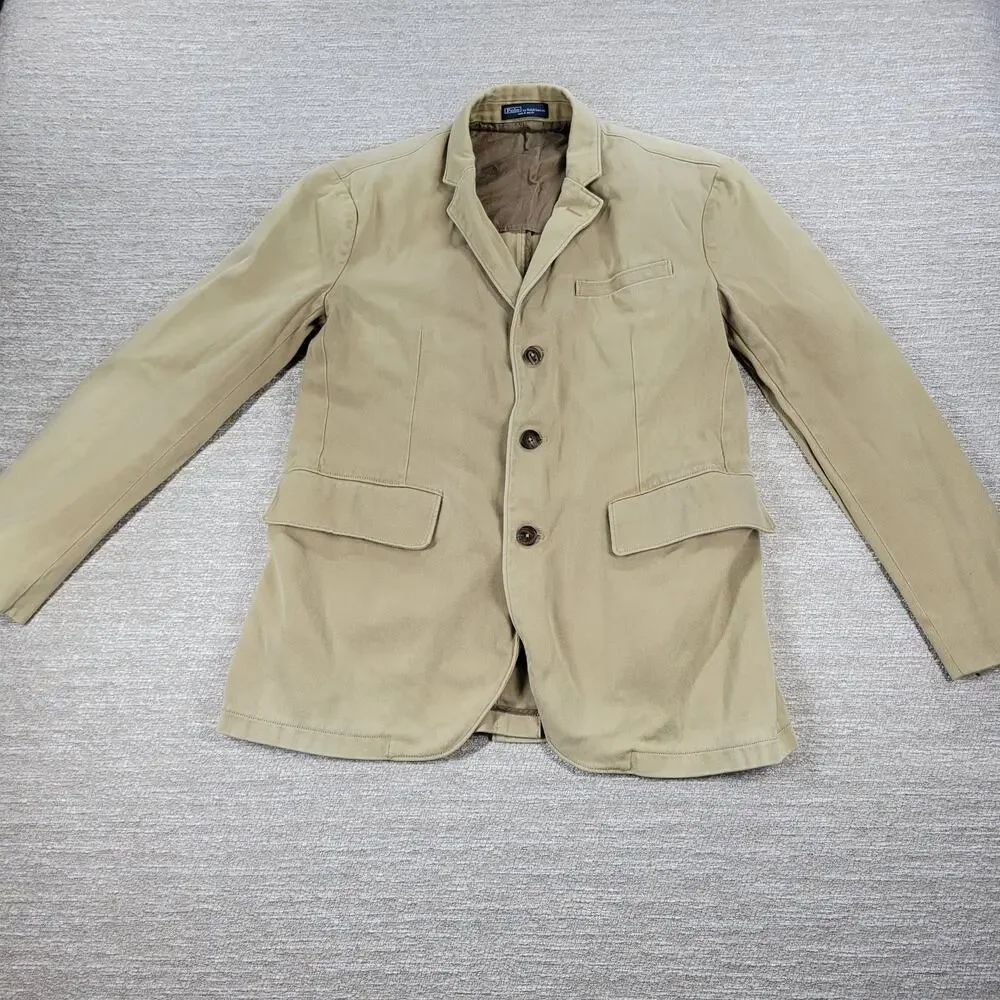 Vintage Polo Ralph Lauren 3 Button Blazer Jacket Mens 42R Khaki Tan Cotton Twill - Picture 8 of 16
